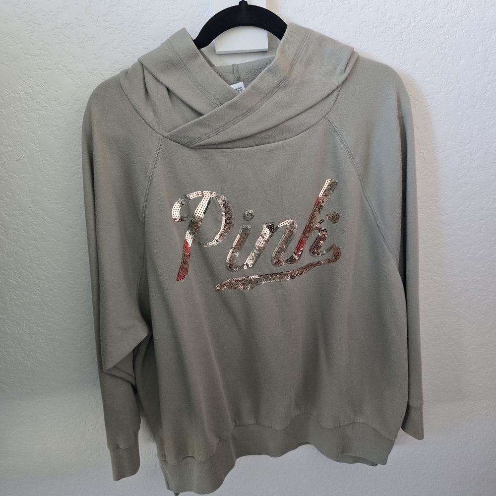PINK Victoria's Secret Women's Green Hoodie with Gold Sequin